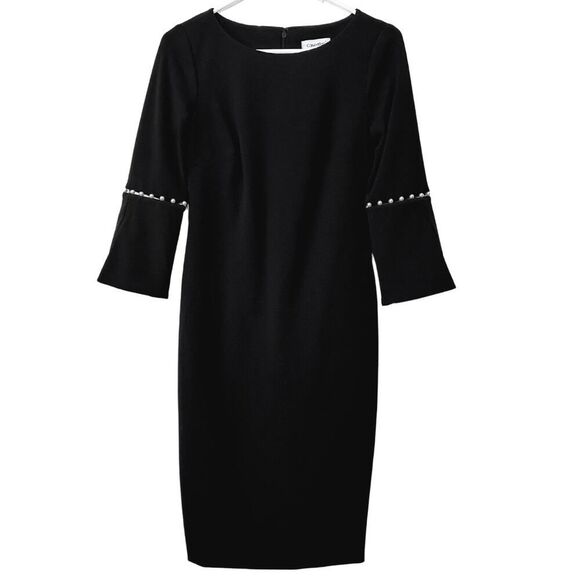 Calvin Klein Little Black Sheath Dress | NWT Size 2 | Bell Sleeve Pearl Detail - Picture 1 of 13